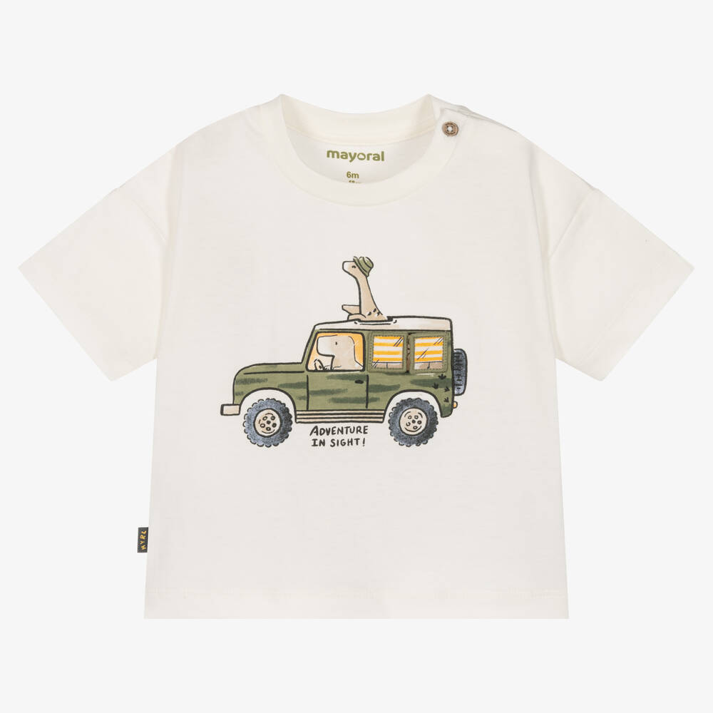 Mayoral - Кремовая хлопковая футболка с зеленым рисунком | Childrensalon