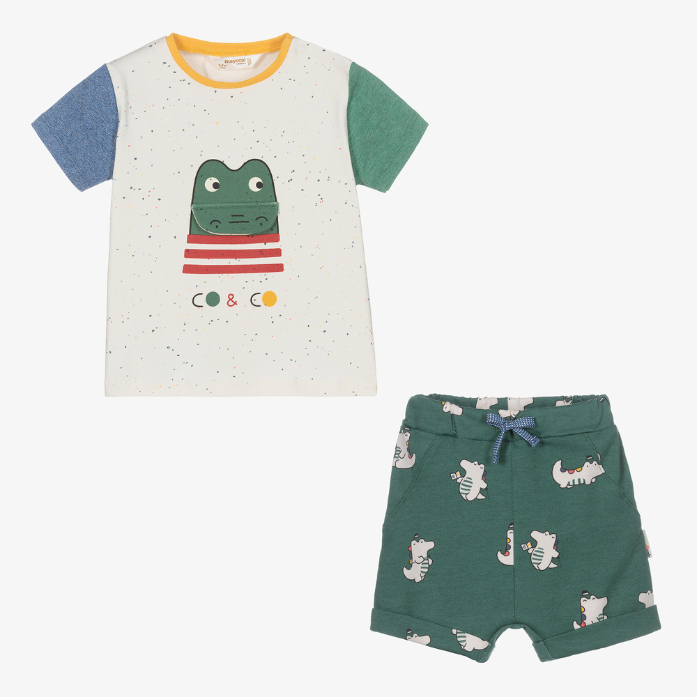 Mayoral Newborn-طقم شورت قطن مستدام جيرسي لون عاجي وأخضر للمواليد | Childrensalon Outlet