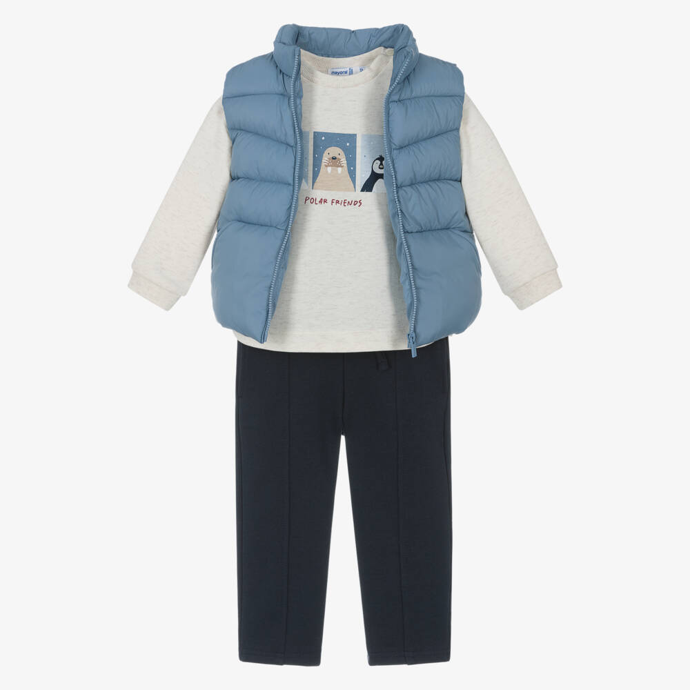 Mayoral-Boys Ivory & Navy Blue Cotton Trouser Set with Light Blue Gilet | Childrensalon Outlet