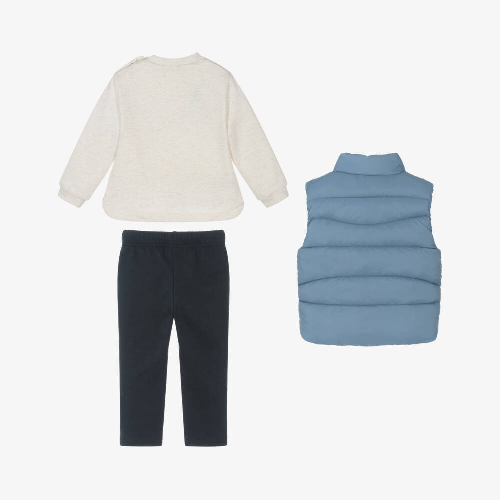 Mayoral-Boys Ivory & Navy Blue Cotton Trouser Set with Light Blue Gilet | Childrensalon Outlet