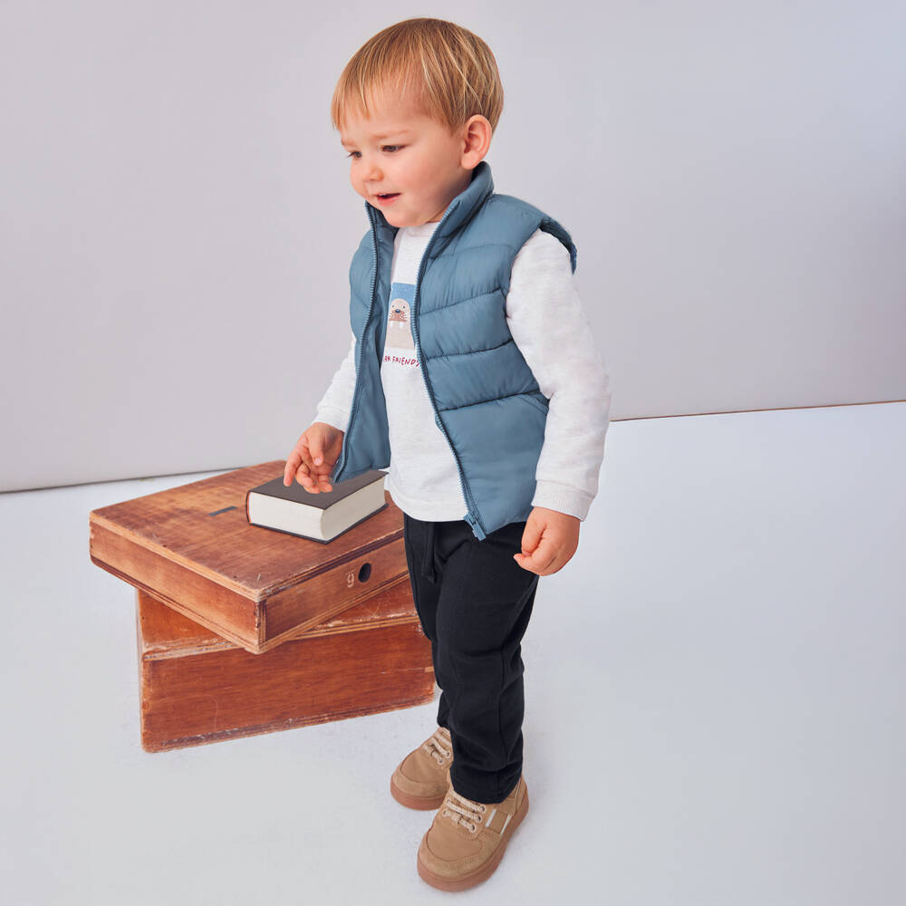 Mayoral-Boys Ivory & Navy Blue Cotton Trouser Set with Light Blue Gilet | Childrensalon Outlet
