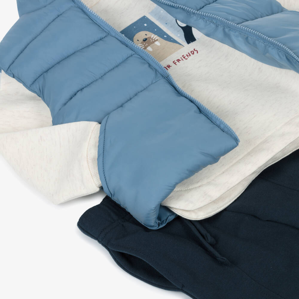 Mayoral-Boys Ivory & Navy Blue Cotton Trouser Set with Light Blue Gilet | Childrensalon Outlet