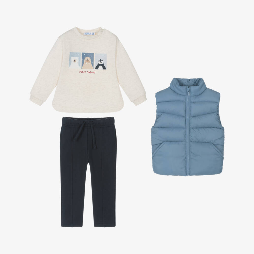 Mayoral-Boys Ivory & Navy Blue Cotton Trouser Set with Light Blue Gilet | Childrensalon Outlet