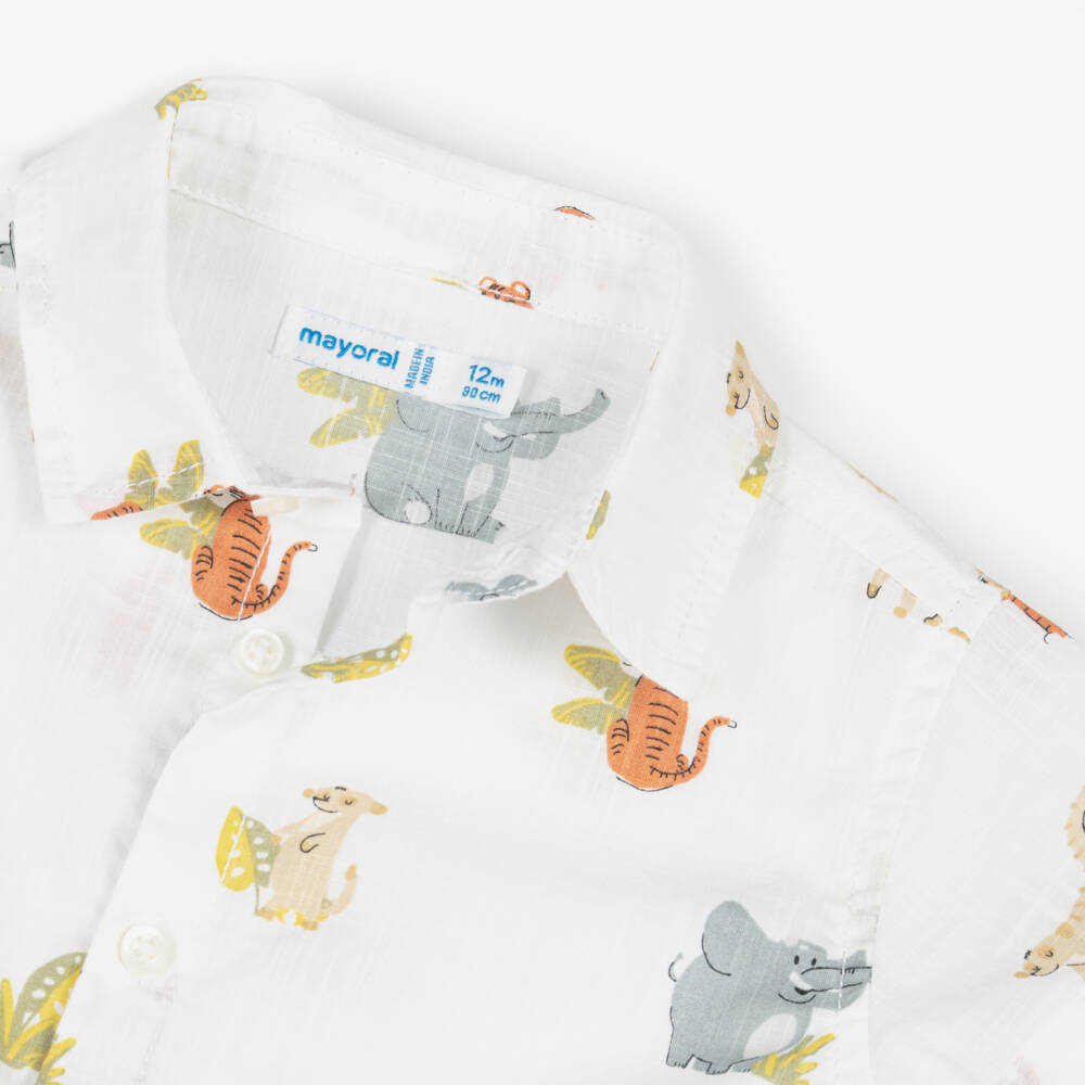 Mayoral-Boys Ivory Safari Critters Cotton Shirt | Childrensalon Outlet
