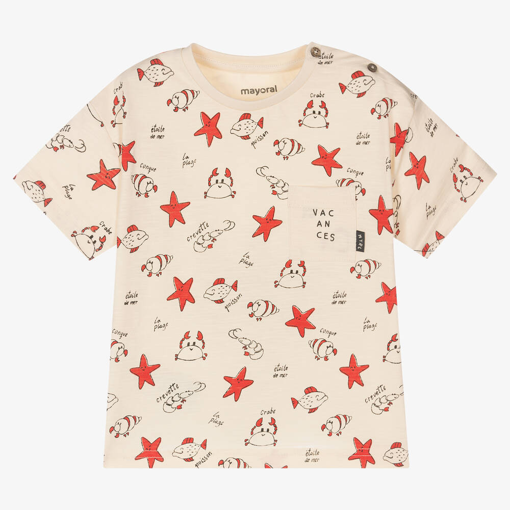 Mayoral - Boys Ivory Starfish Cotton T-Shirt | Childrensalon