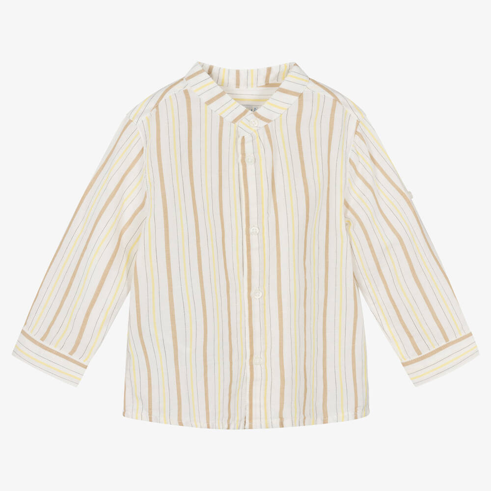 Mayoral-Boys Ivory Stripe Cotton & Linen Shirt | Childrensalon Outlet