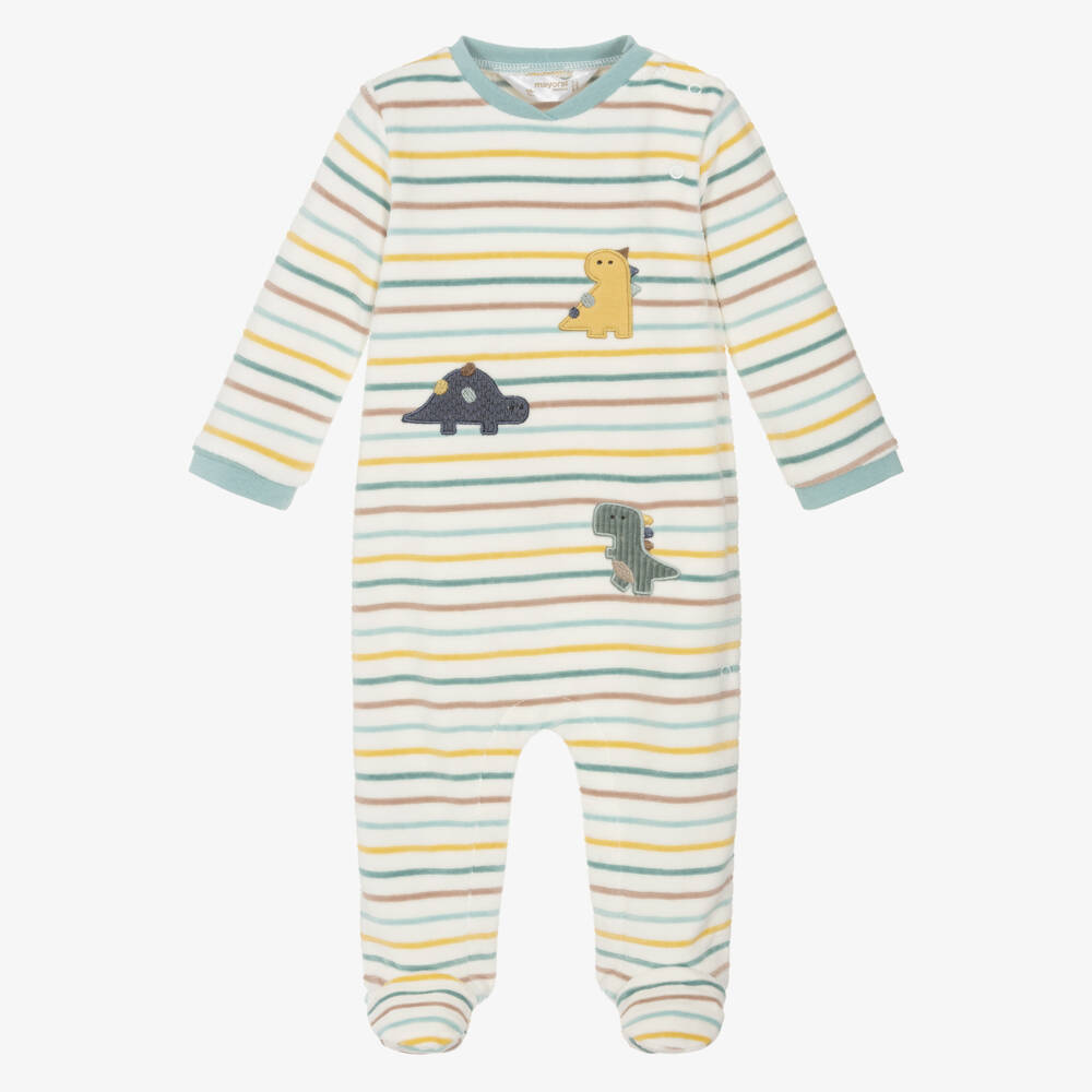 Mayoral Newborn-Boys Ivory Striped Velour Dinosaur Babygrow | Childrensalon Outlet