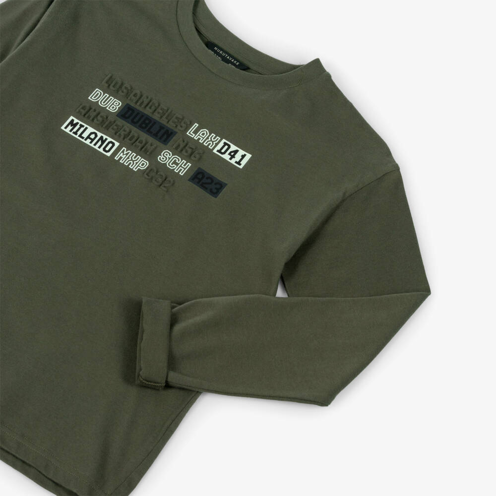 Mayoral Nukutavake-Boys Khaki Green Airport Print Top | Childrensalon Outlet