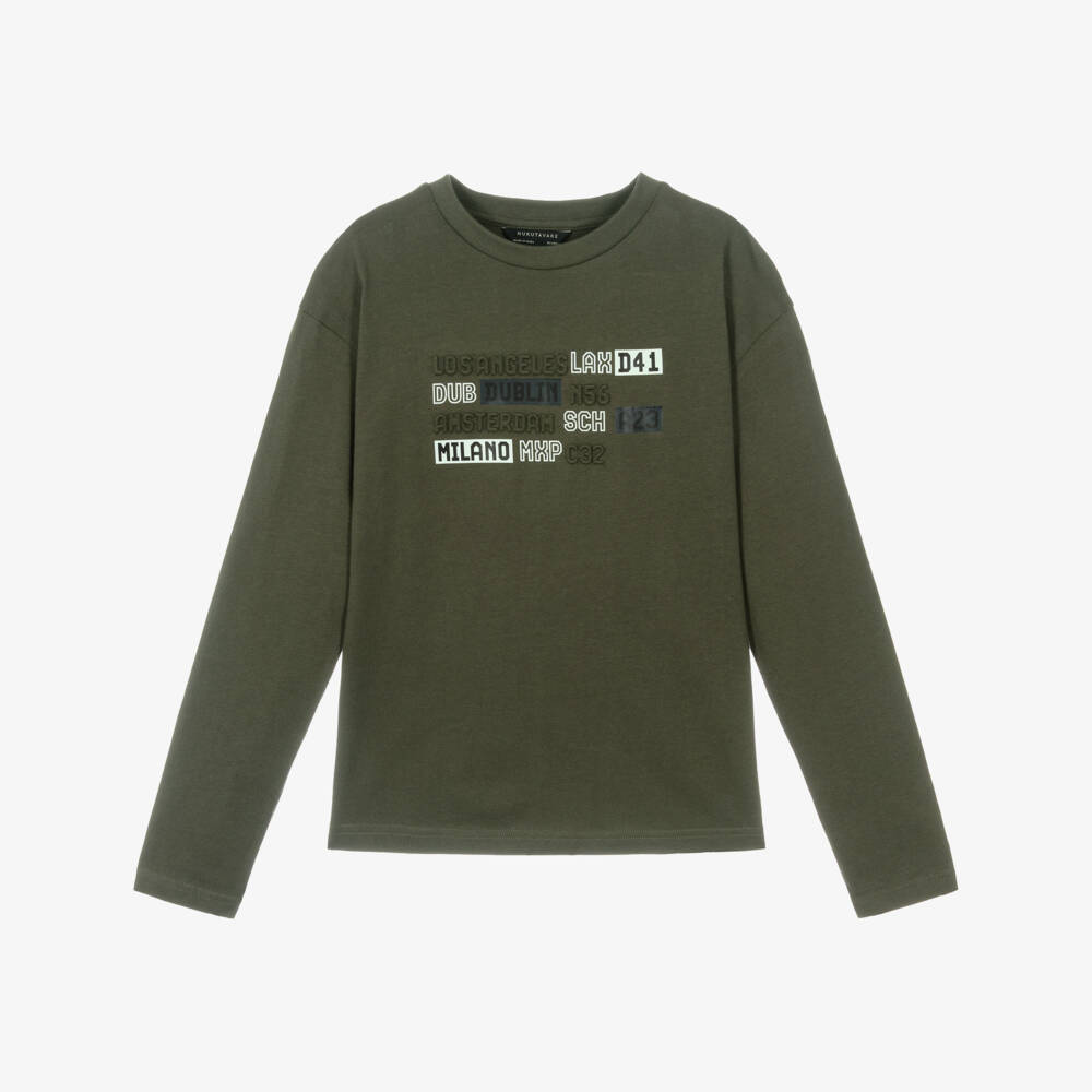 Mayoral Nukutavake-Boys Khaki Green Airport Print Top | Childrensalon Outlet
