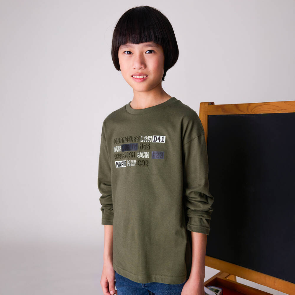 Mayoral Nukutavake-Boys Khaki Green Airport Print Top | Childrensalon Outlet