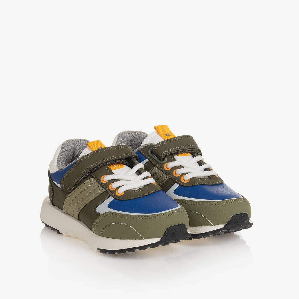 Mayoral - Boys Khaki Green & Blue Velcro Trainers | Childrensalon