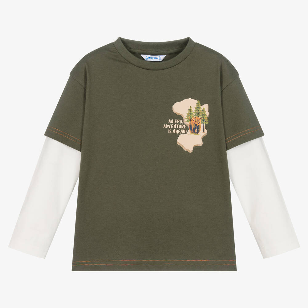 Mayoral-Boys Khaki Green Cotton Adventure Top | Childrensalon Outlet