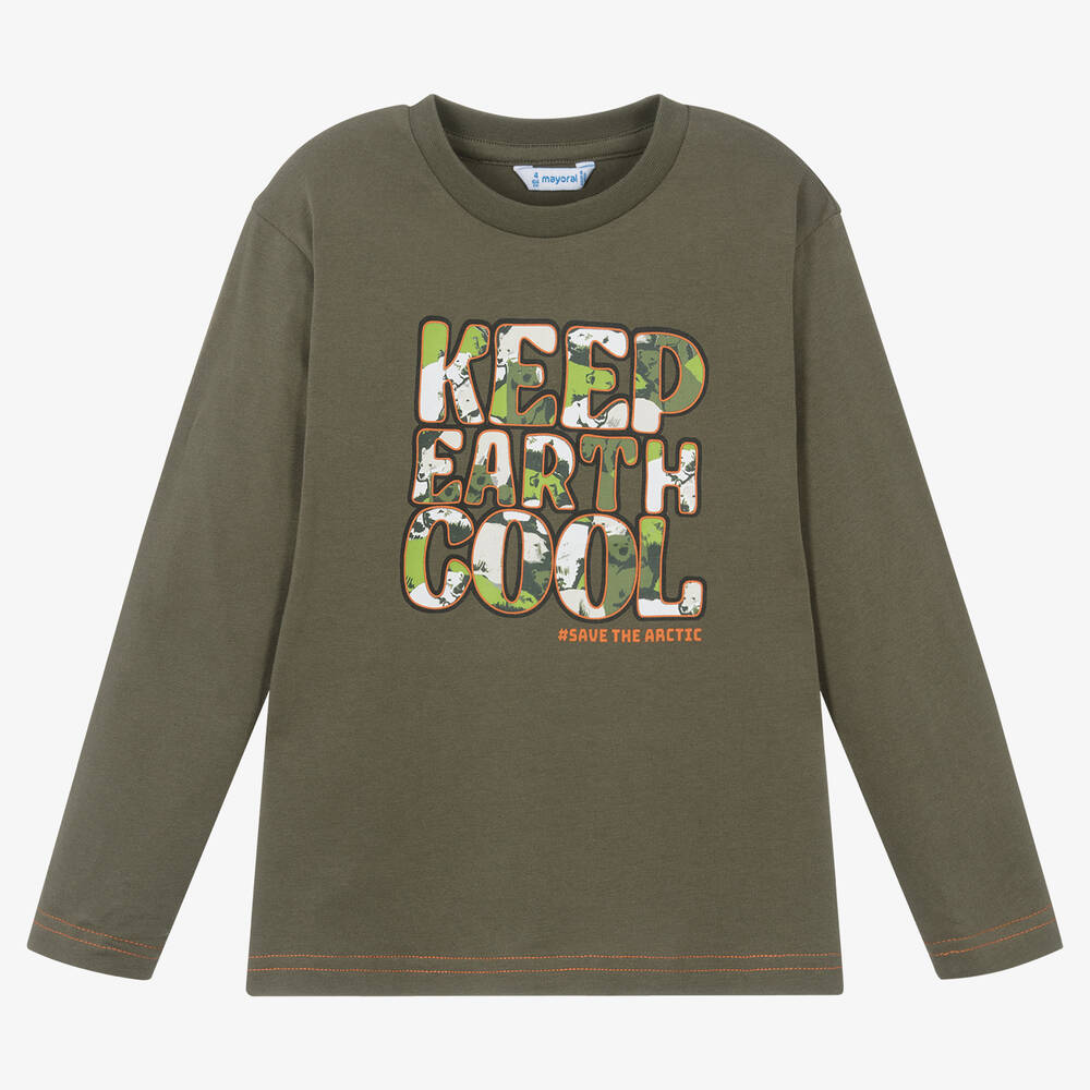 Mayoral - Boys Khaki Green Cotton Slogan Top  | Childrensalon