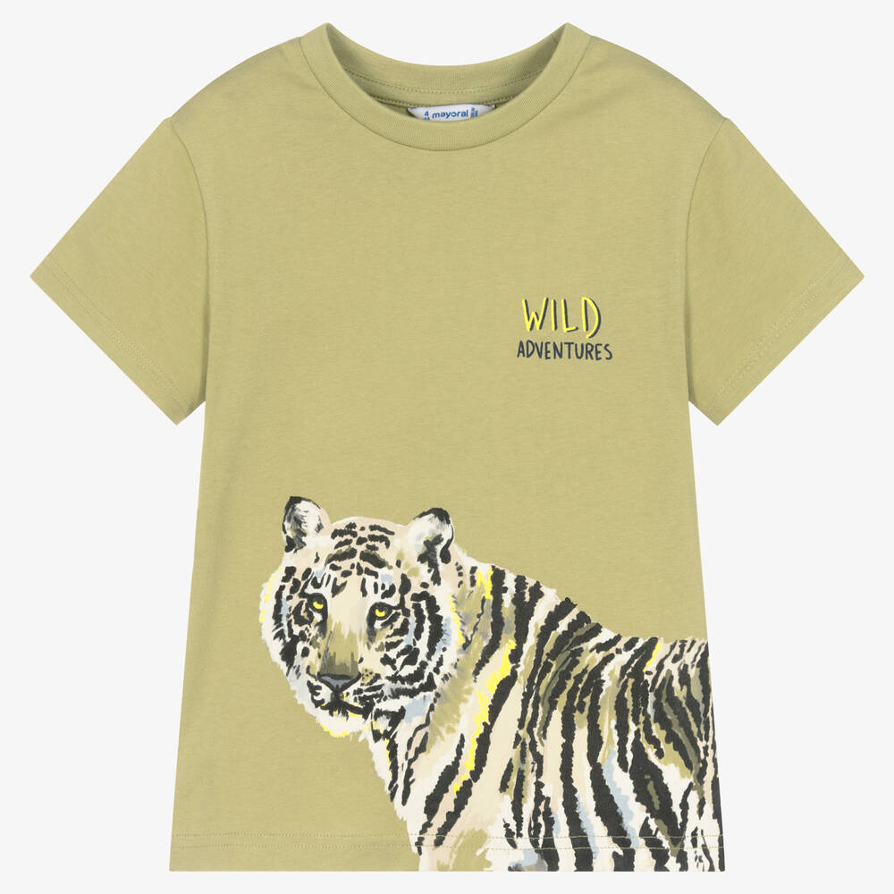 Mayoral - Хлопковая футболка цвета хаки с тигром | Childrensalon