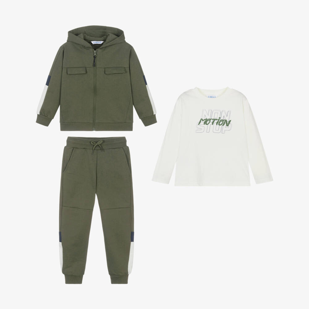 Mayoral-Boys Khaki Green Cotton Tracksuit Set | Childrensalon Outlet