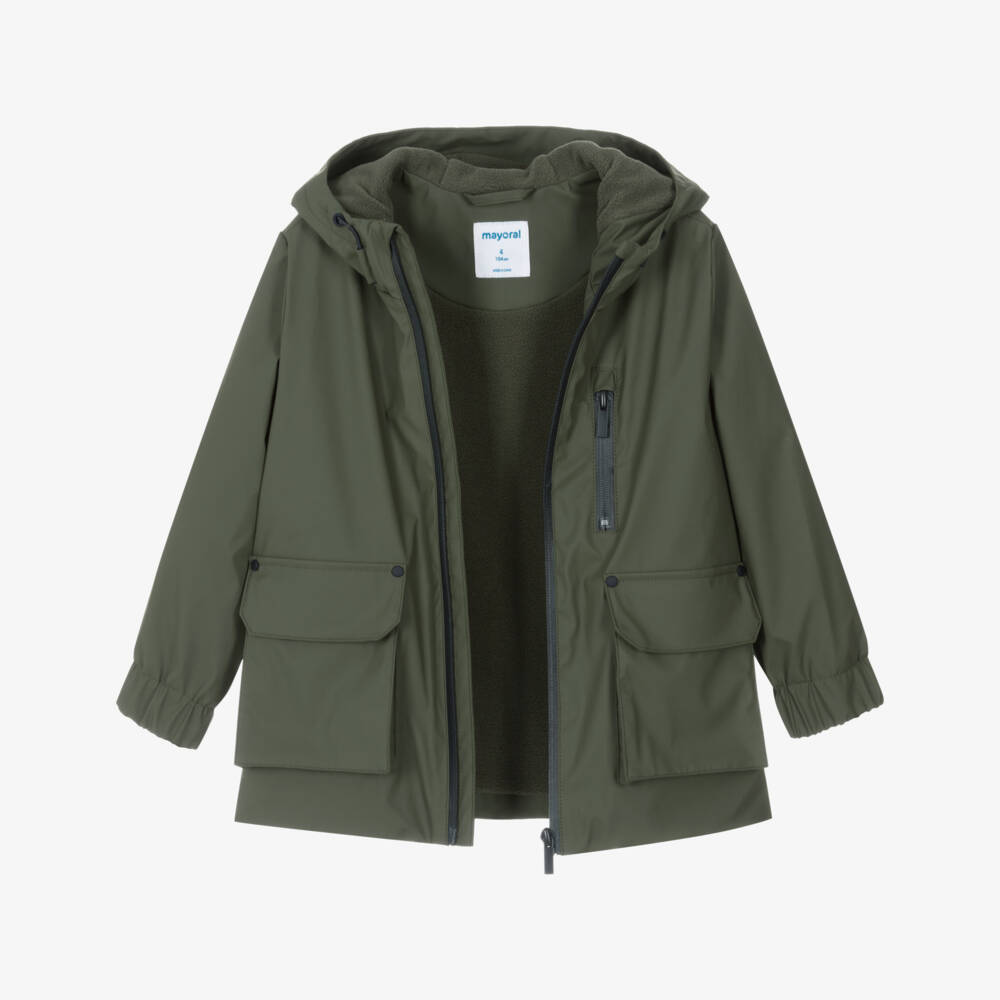 Mayoral-Boys Khaki Green Raincoat with Fleece Lining | Childrensalon Outlet
