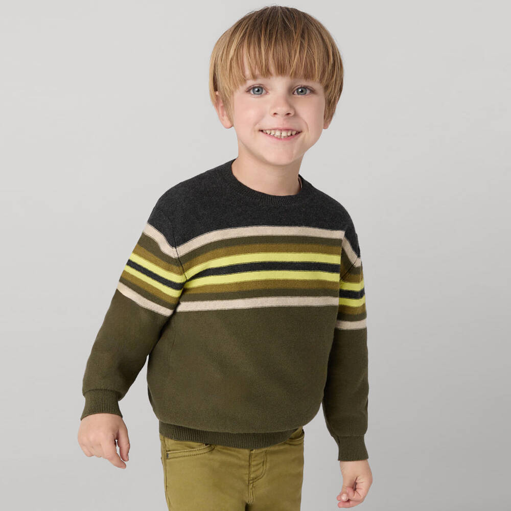 Mayoral-Boys Khaki Stripe Knit Jumper | Childrensalon Outlet