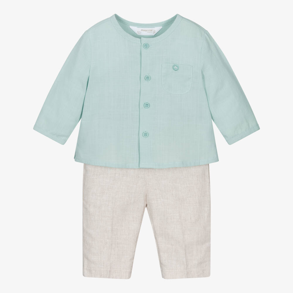 Mayoral Newborn-Boys' Linen-Blend Green Trouser Ensemble | Childrensalon Outlet