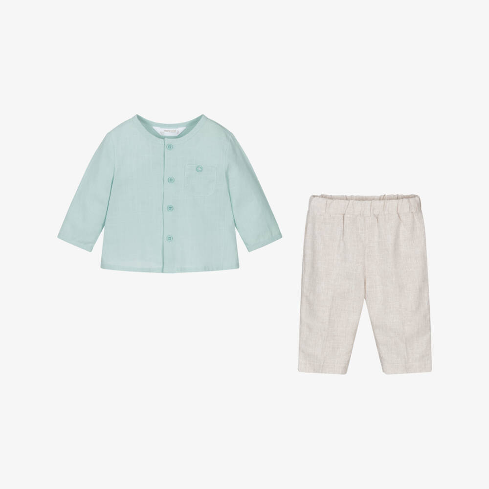 Mayoral Newborn-Boys' Linen-Blend Green Trouser Ensemble | Childrensalon Outlet