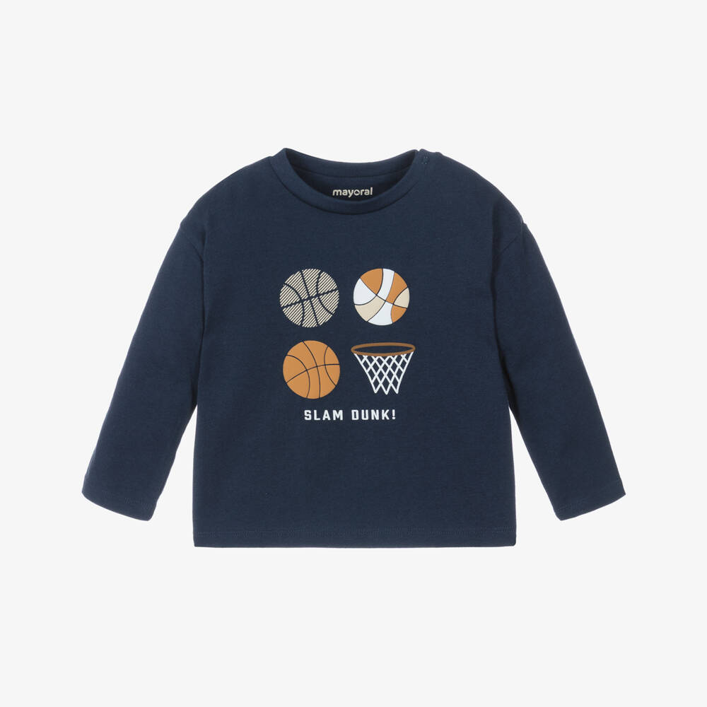 Mayoral-Boys Navy Blue Basketball Print Cotton Top | Childrensalon Outlet