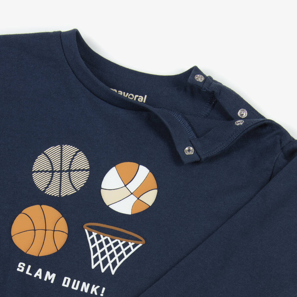 Mayoral-Boys Navy Blue Basketball Print Cotton Top | Childrensalon Outlet