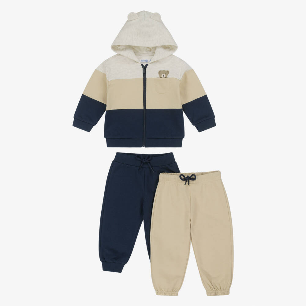 Mayoral-Boys Navy Blue & Beige Cotton Teddy Bear Tracksuit Set | Childrensalon Outlet