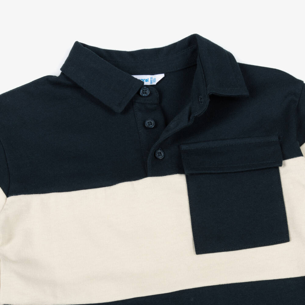 Mayoral-Boys Navy Blue & Beige Long-Sleeved Polo Shirt | Childrensalon Outlet
