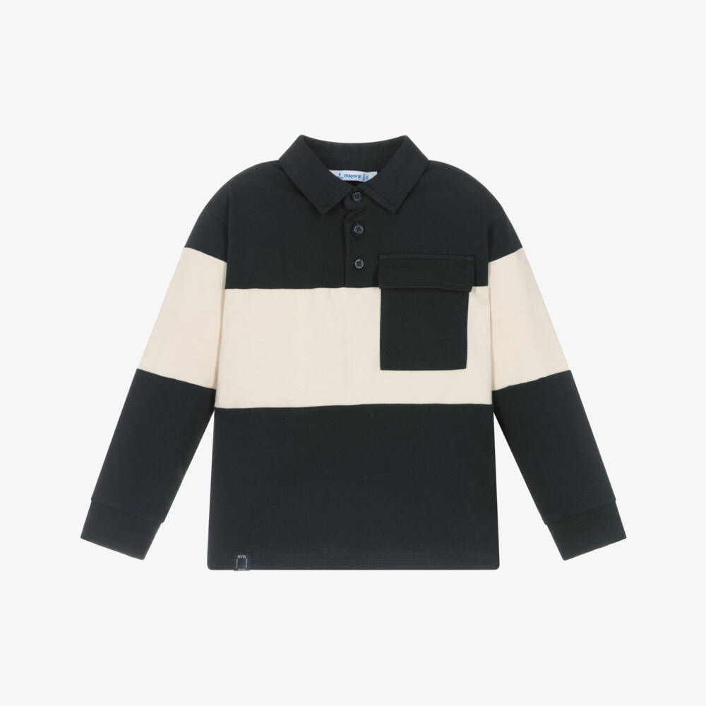 Mayoral-Boys Navy Blue & Beige Long-Sleeved Polo Shirt | Childrensalon Outlet