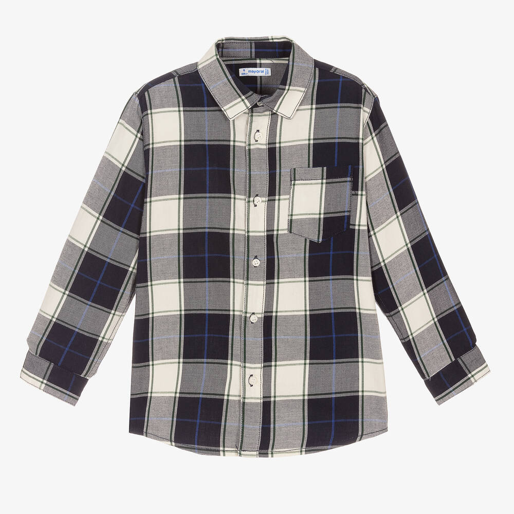 Mayoral - Boys Navy Blue Checked Shirt | Childrensalon