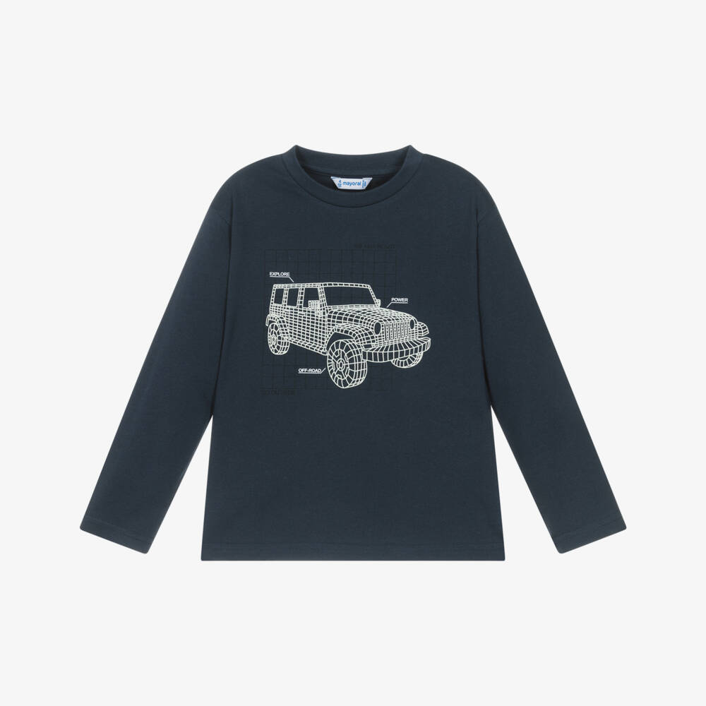 Mayoral-Boys Navy Blue Cotton Car Print Top | Childrensalon Outlet
