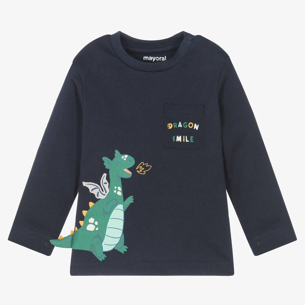 Mayoral - Boys Navy Blue Cotton Dinosaur Top | Childrensalon