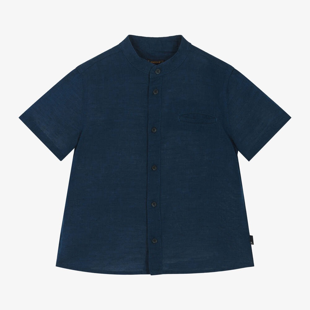 Mayoral-Boys Navy Blue Cotton & Linen Shirt | Childrensalon Outlet