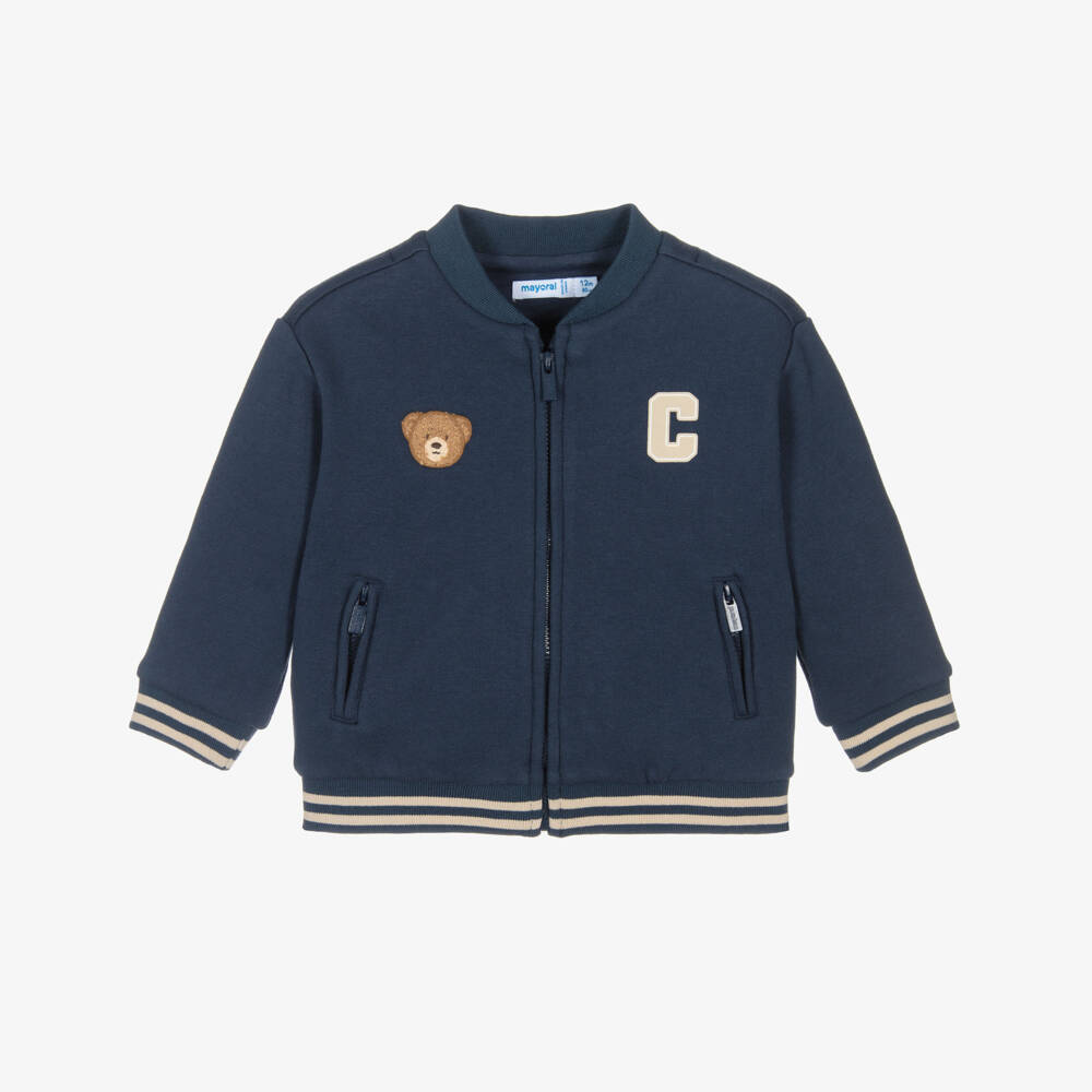 Mayoral-Boys Navy Blue Cotton Varsity Bear Zip-Up Top | Childrensalon Outlet