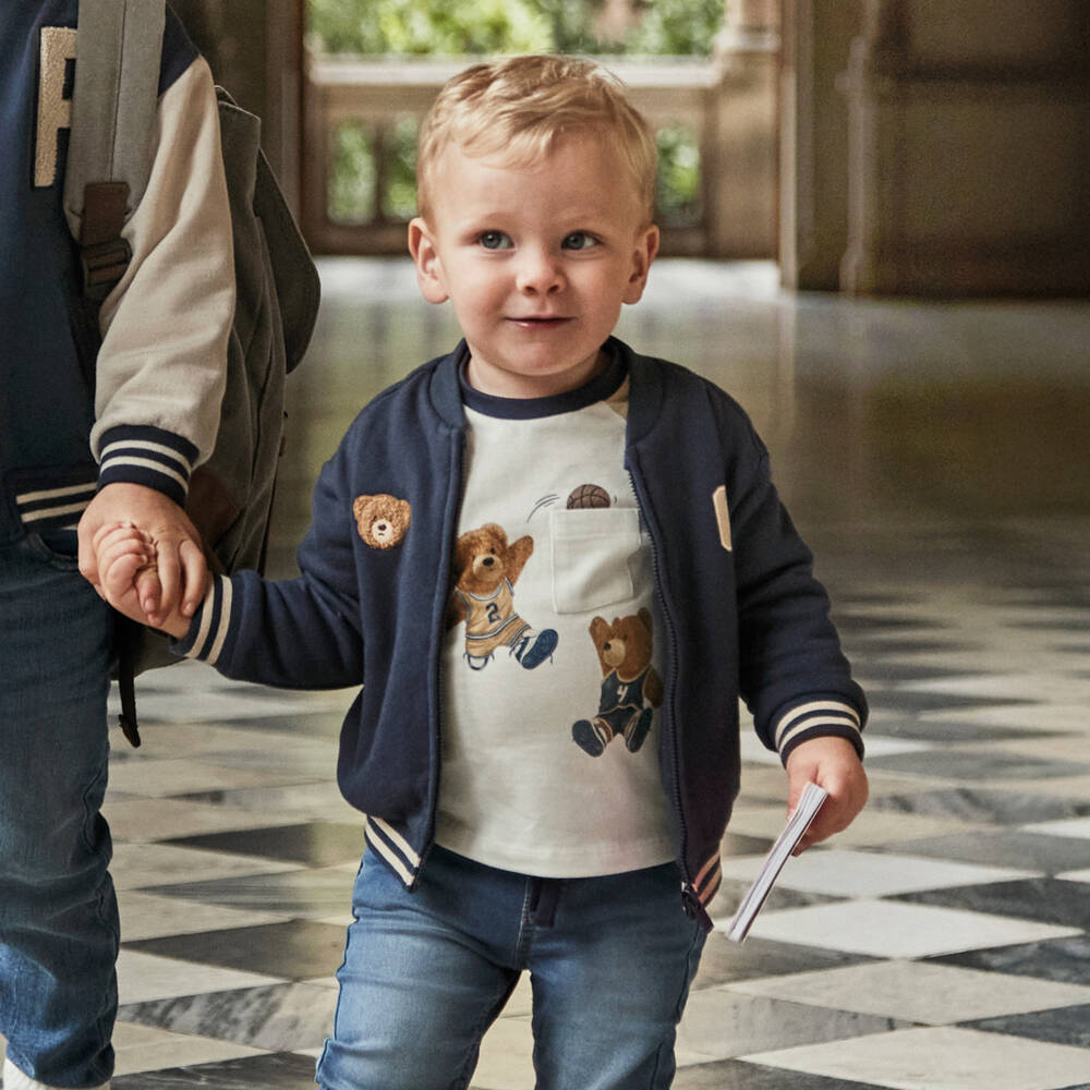 Mayoral-Boys Navy Blue Cotton Varsity Bear Zip-Up Top | Childrensalon Outlet