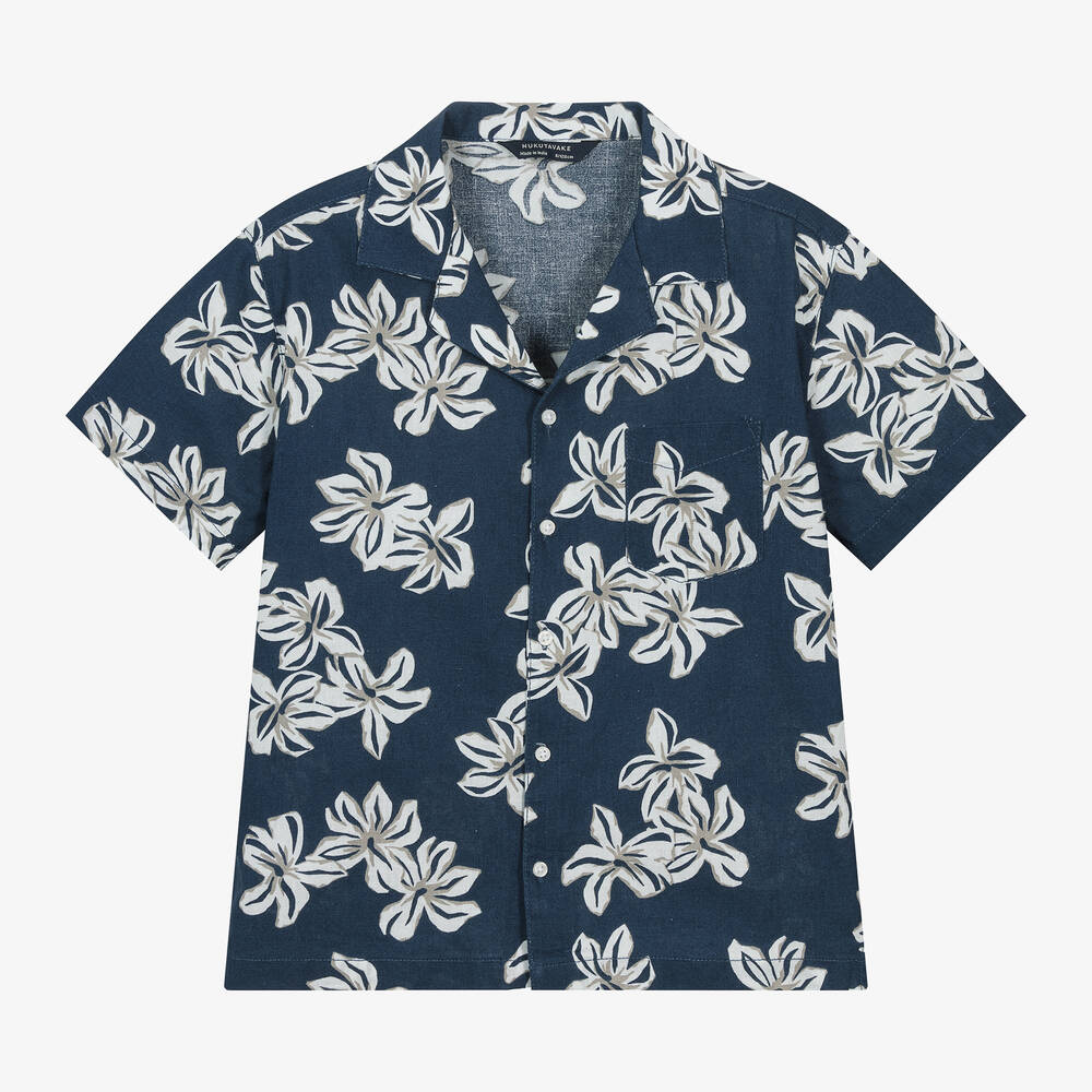 Mayoral Nukutavake-Boys Navy Blue Floral Cotton & Linen Shirt | Childrensalon Outlet