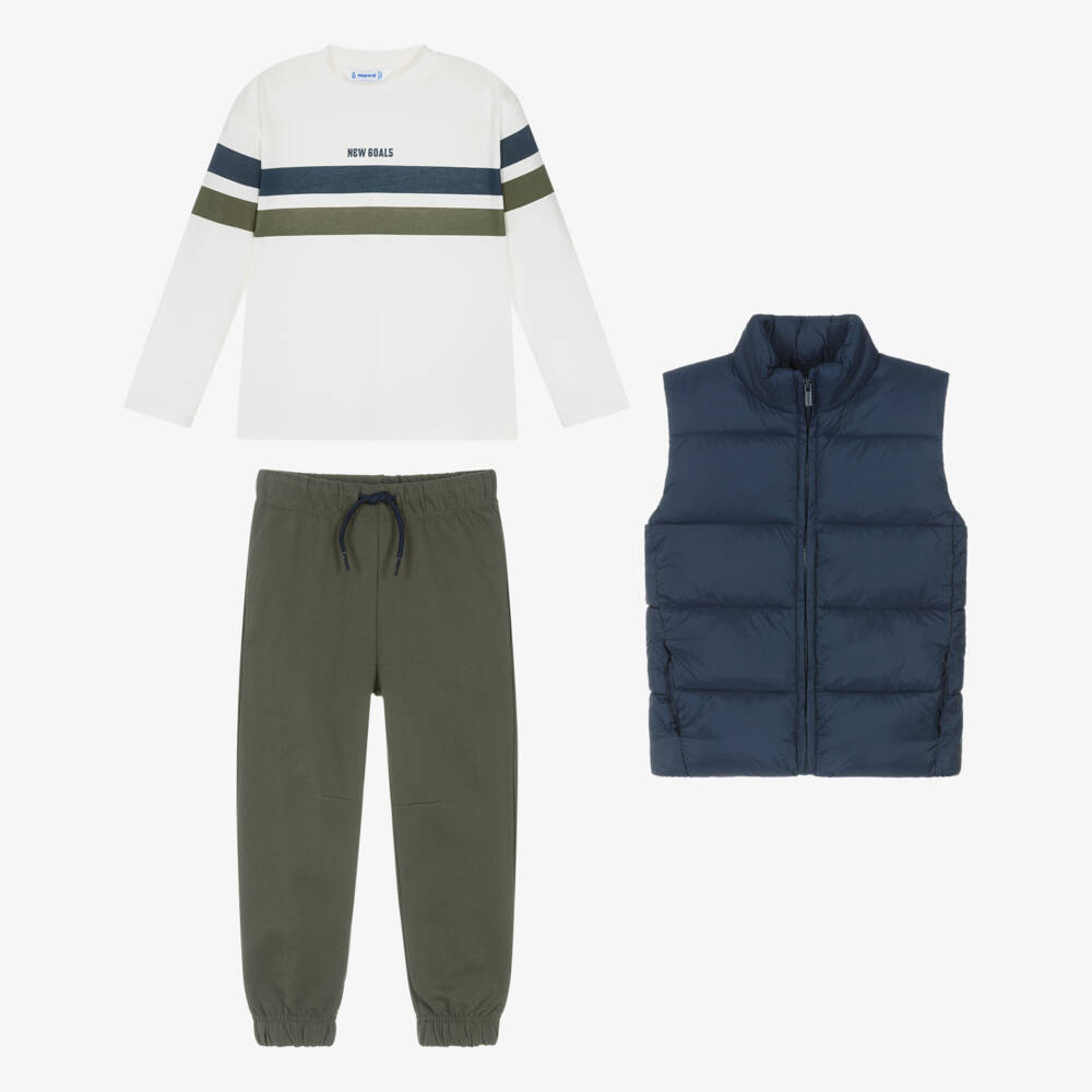 Mayoral-Boys Navy Blue Gilet & Khaki Green Trouser Set | Childrensalon Outlet