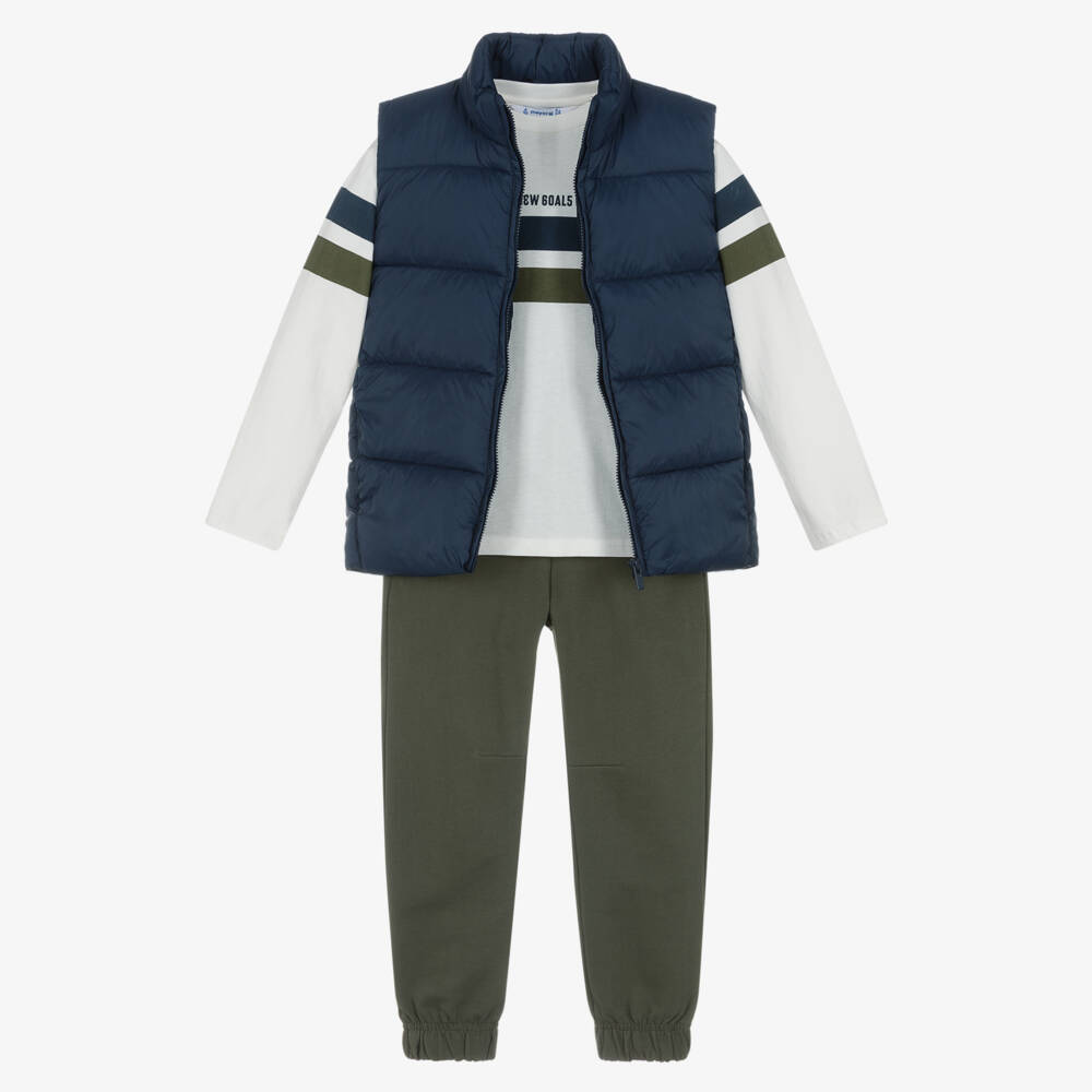 Mayoral-Boys Navy Blue Gilet & Khaki Green Trouser Set | Childrensalon Outlet