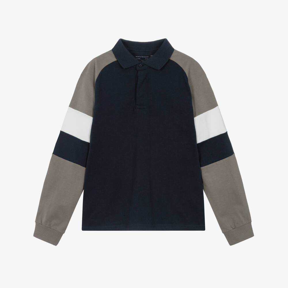 Mayoral Nukutavake-Boys Navy Blue & Grey Colourblock Jersey Polo Shirt | Childrensalon Outlet