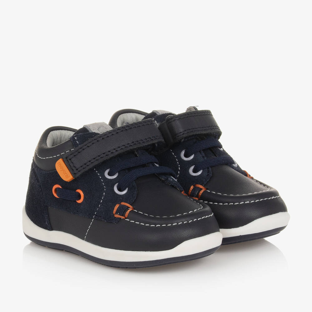 Mayoral - Boys Navy Blue Leather Trainers | Childrensalon