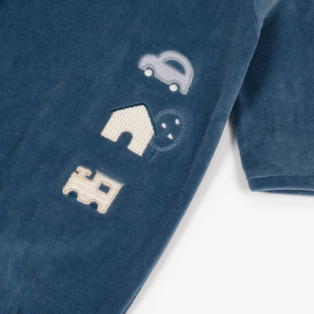 Mayoral Newborn-Boys Navy Blue Velour Babygrow with Car & Train Appliqués | Childrensalon Outlet