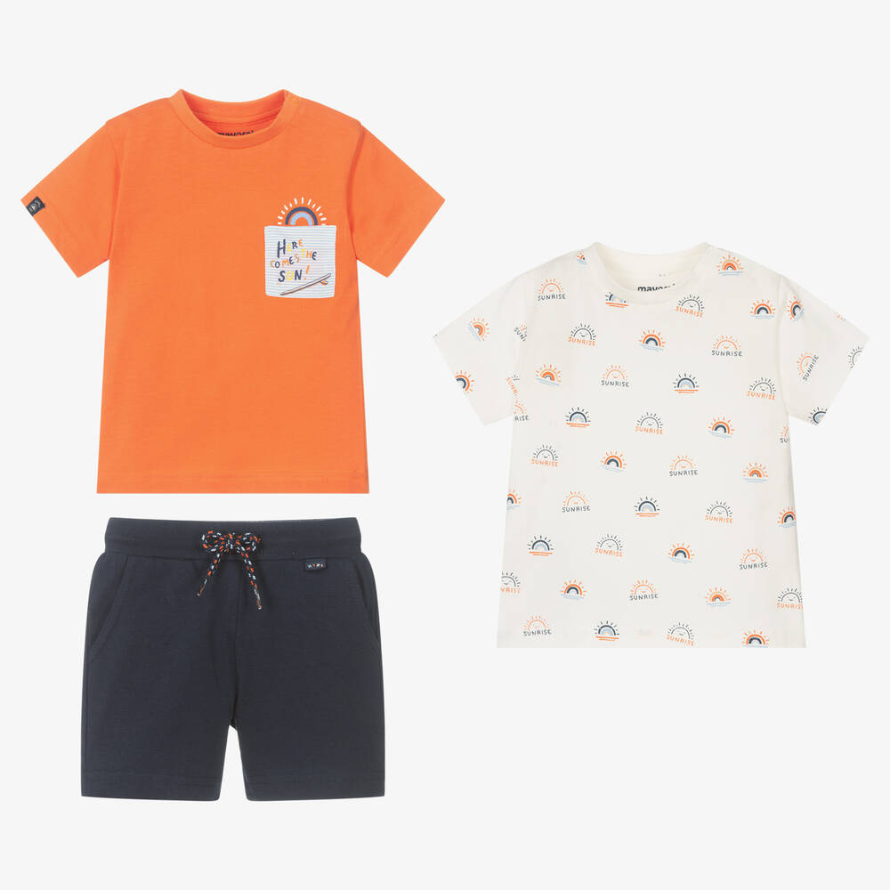 Mayoral - Оранжево-синий комплект с шортами из хлопка | Childrensalon
