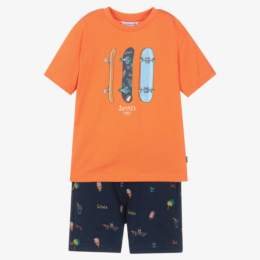 Mayoral - Оранжевая футболка и синие шорты из хлопка | Childrensalon