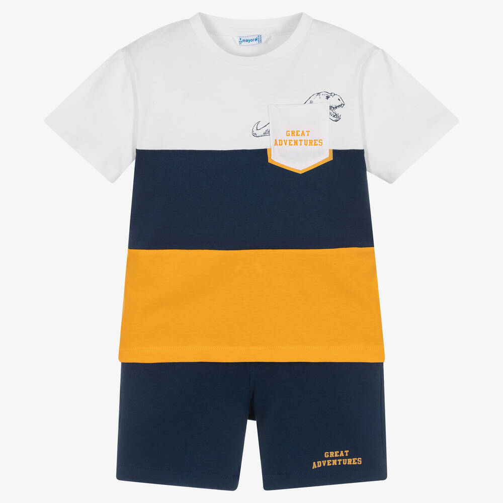 Mayoral - Boys Orange & Blue Dinosaur Shorts Set | Childrensalon