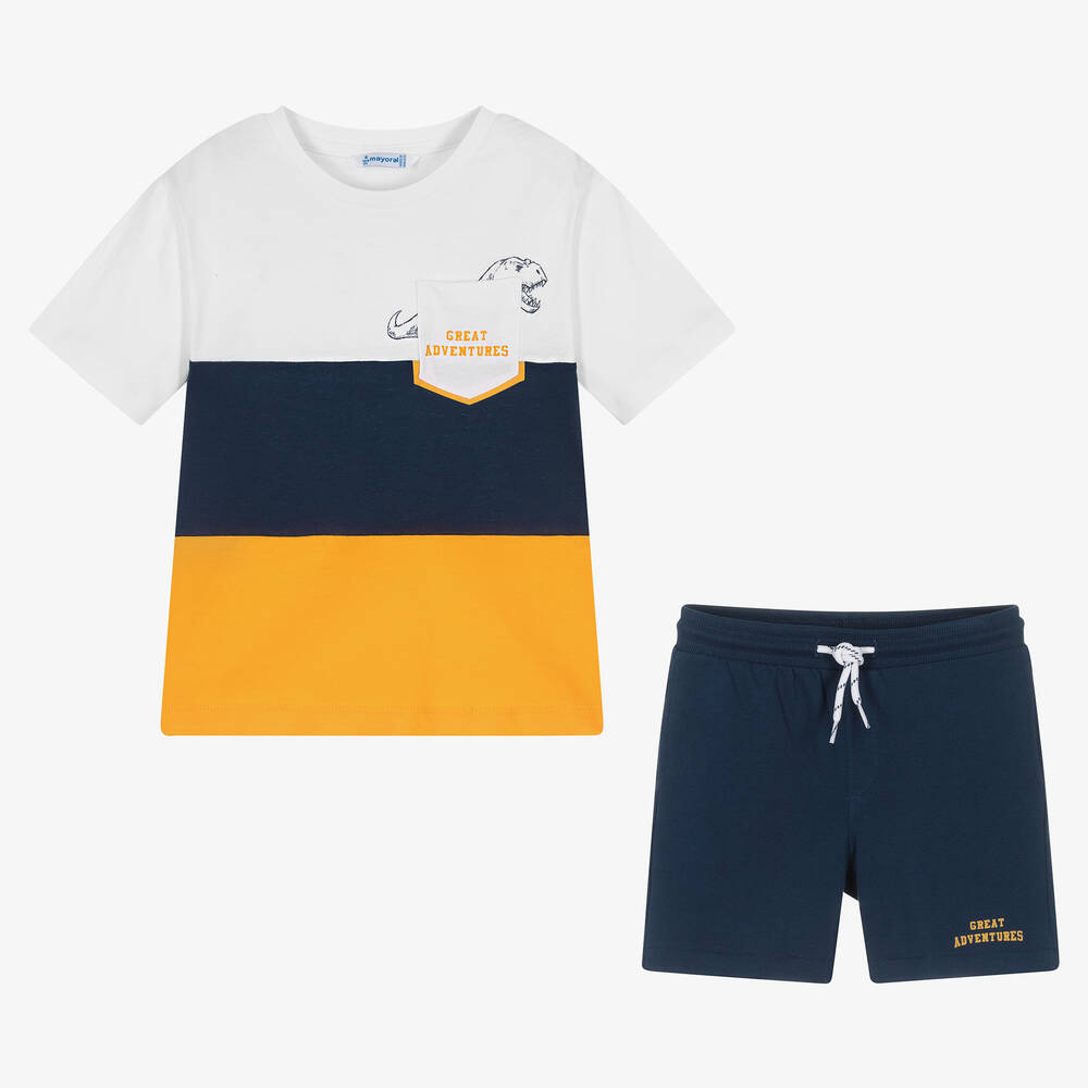 Mayoral-Бело-оранжевая футболка и синие шорты | Childrensalon Outlet