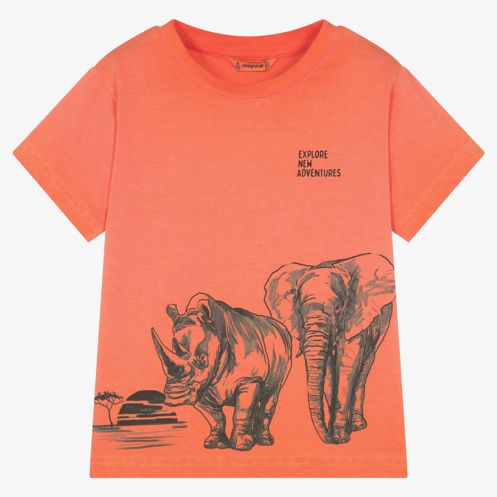 Mayoral - Оранжевая хлопковая футболка с животными | Childrensalon