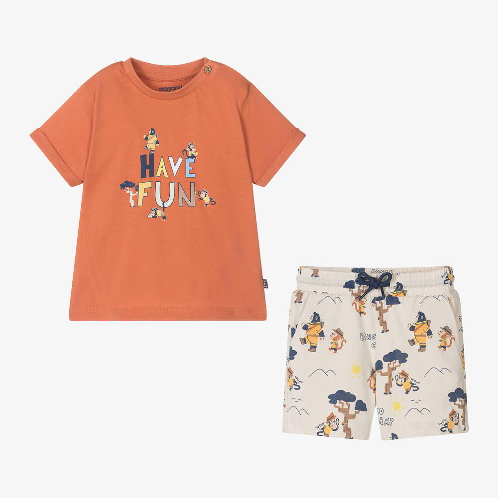Mayoral-طقم شورت أطفال ولادي قطن لون بيج وبرتقالي | Childrensalon Outlet