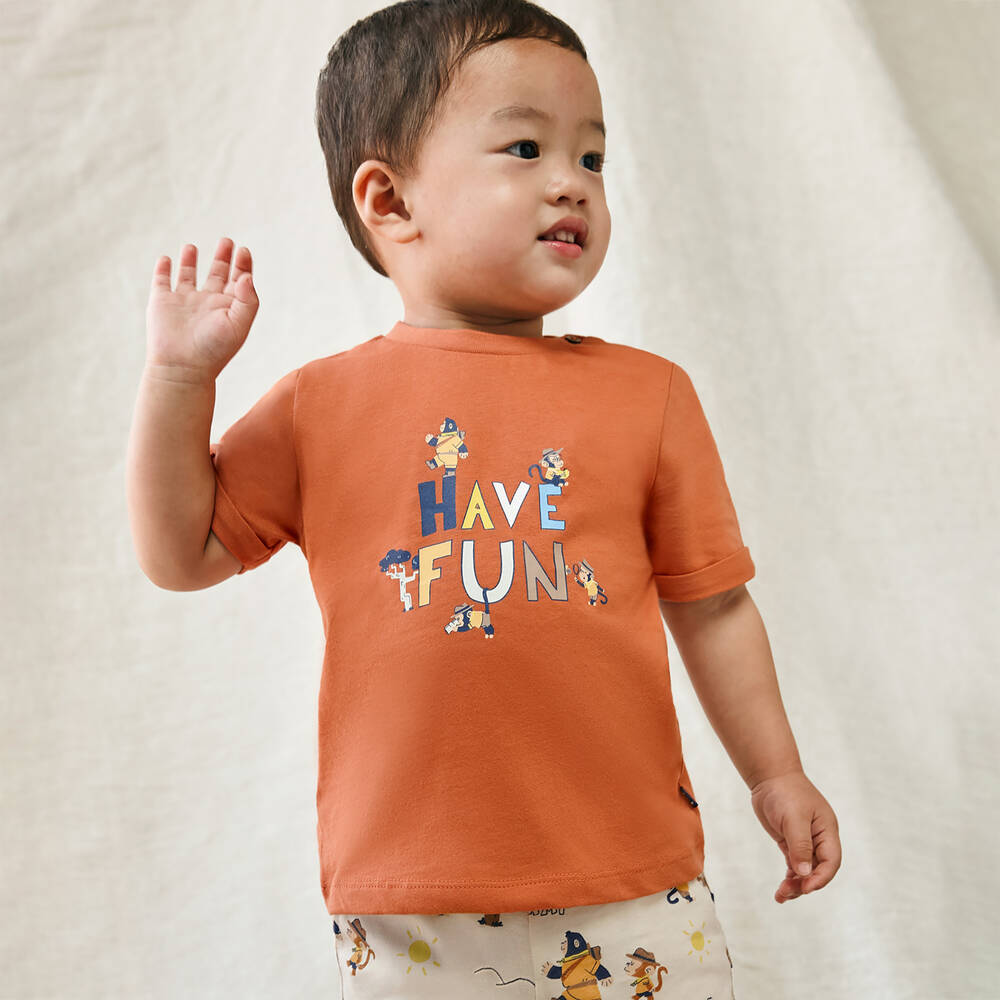 Mayoral-طقم شورت أطفال ولادي قطن لون بيج وبرتقالي | Childrensalon Outlet