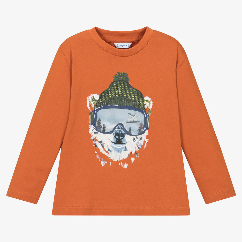 Mayoral - Haut orange en coton ours polaire | Childrensalon