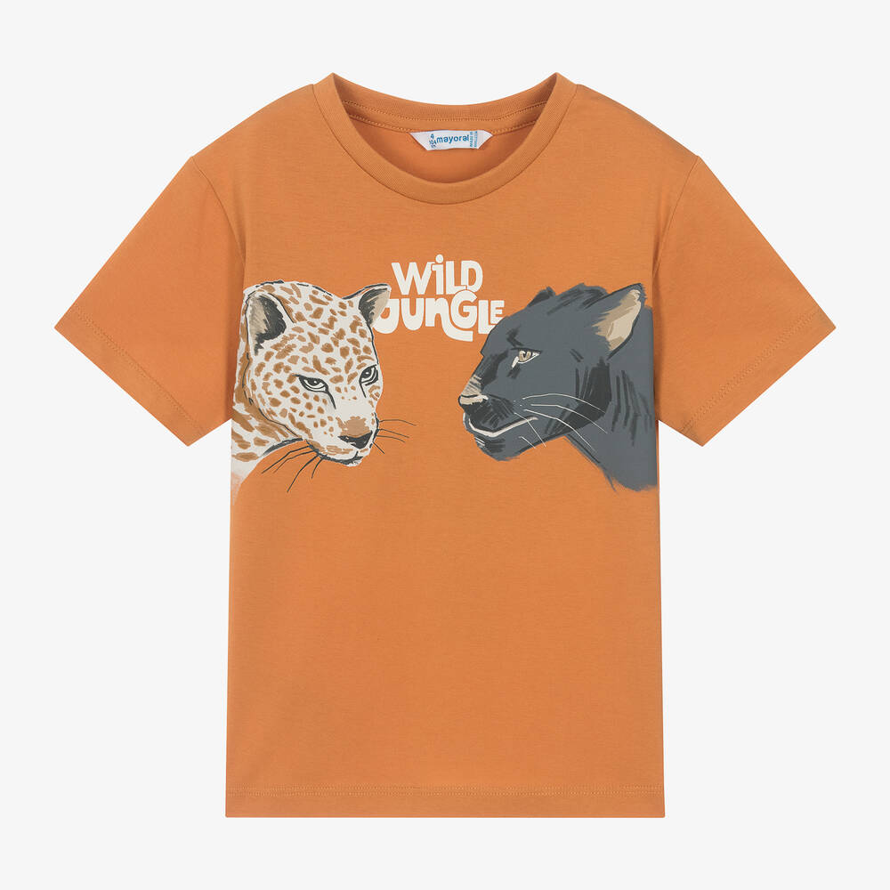 Mayoral-Boys Orange Cotton Wild Cat Print T-Shirt | Childrensalon Outlet