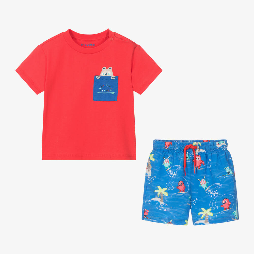 Mayoral-Boys Red & Blue Monster Print Beach Set | Childrensalon Outlet